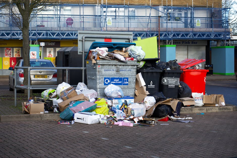 A residential street scene featuring multiple black wheeled rubbish bins with closed lids lined up along the pavement outside brick terraced houses. The bins are positioned in front of the houses, which have light-colored window frames and brick facades, with some displaying small signage or advertisements. A woman dressed in a dark coat is seen lifting or sorting items into one of the bins, indicating active waste disposal or collection activity. Parked cars, including a silver hatchback and other vehicles, line the street on the left side of the image, with some showing visible registration plates. The environment appears to be in an urban area with a slightly overcast or cloudy sky, casting diffuse natural light across the scene. The setting suggests a typical neighbourhood where private waste collection services, like those from rubbishcollectiontufnellpark.co.uk, are used to manage household rubbish, with the bins arranged for collection or on-site disposal. The overall composition reflects everyday waste management practices in a densely populated residential area, emphasizing the role of independent rubbish removal in urban waste handling.